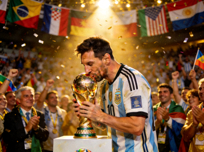 梅西捧起世界杯冠军奖杯 - 梅西在领奖台上深情亲吻大力神杯